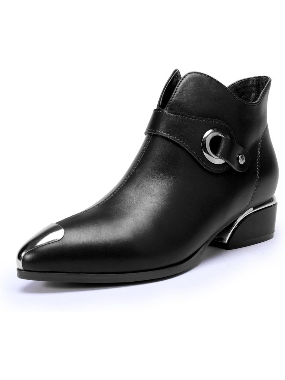🆕 Women's Black Leather Pointed Toe Ankle Boots Silver Hardware Low Heel Shoes